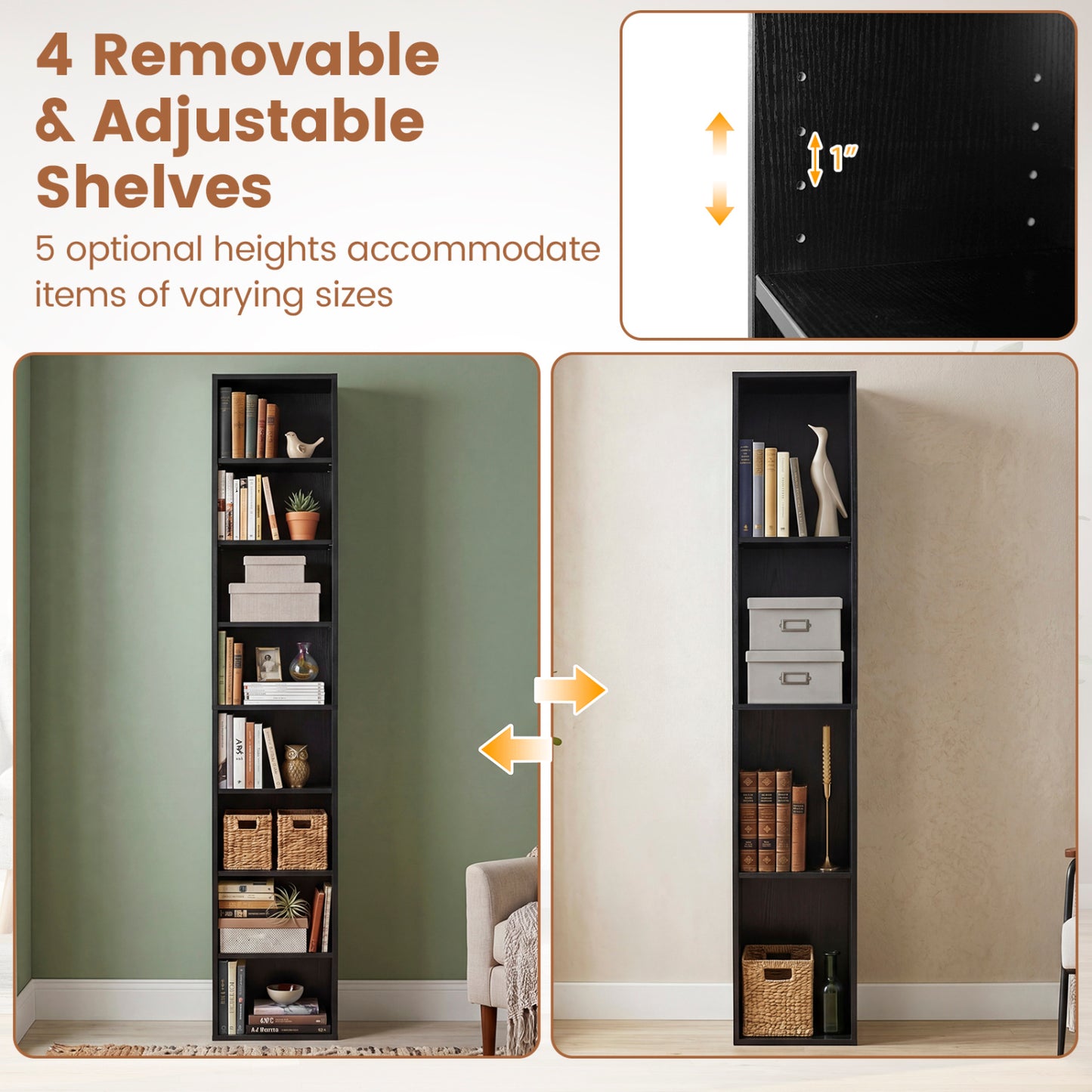 8-Tier Narrow Bookshelf, Adjustable Shelves, Storage Cubes, Black