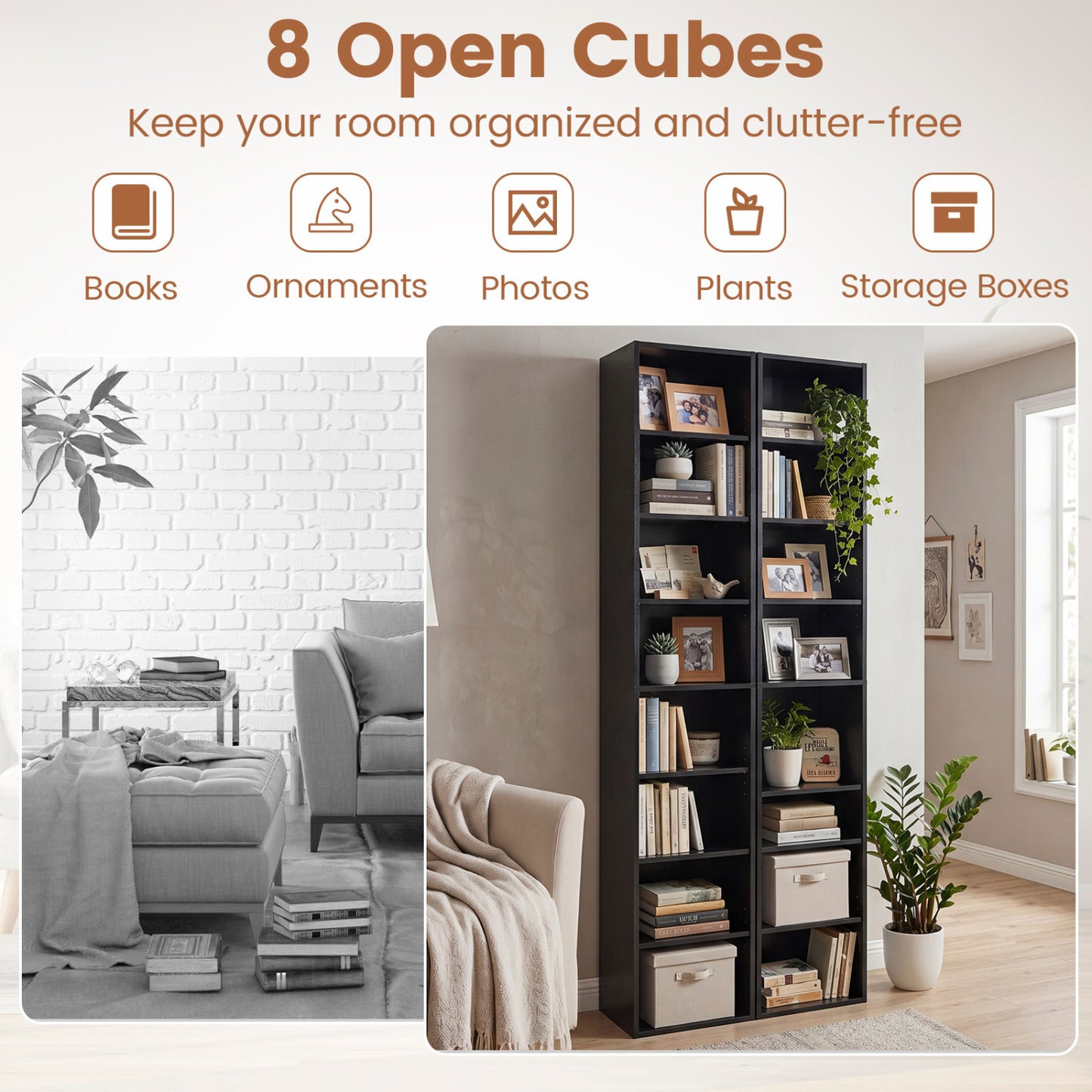 8-Tier Narrow Bookshelf, Adjustable Shelves, Storage Cubes, Black