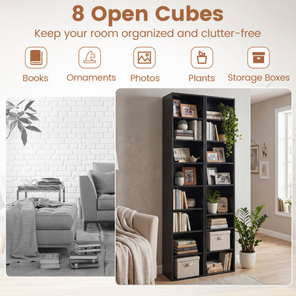 8-Tier Narrow Bookshelf, Adjustable Shelves, Storage Cubes, Black