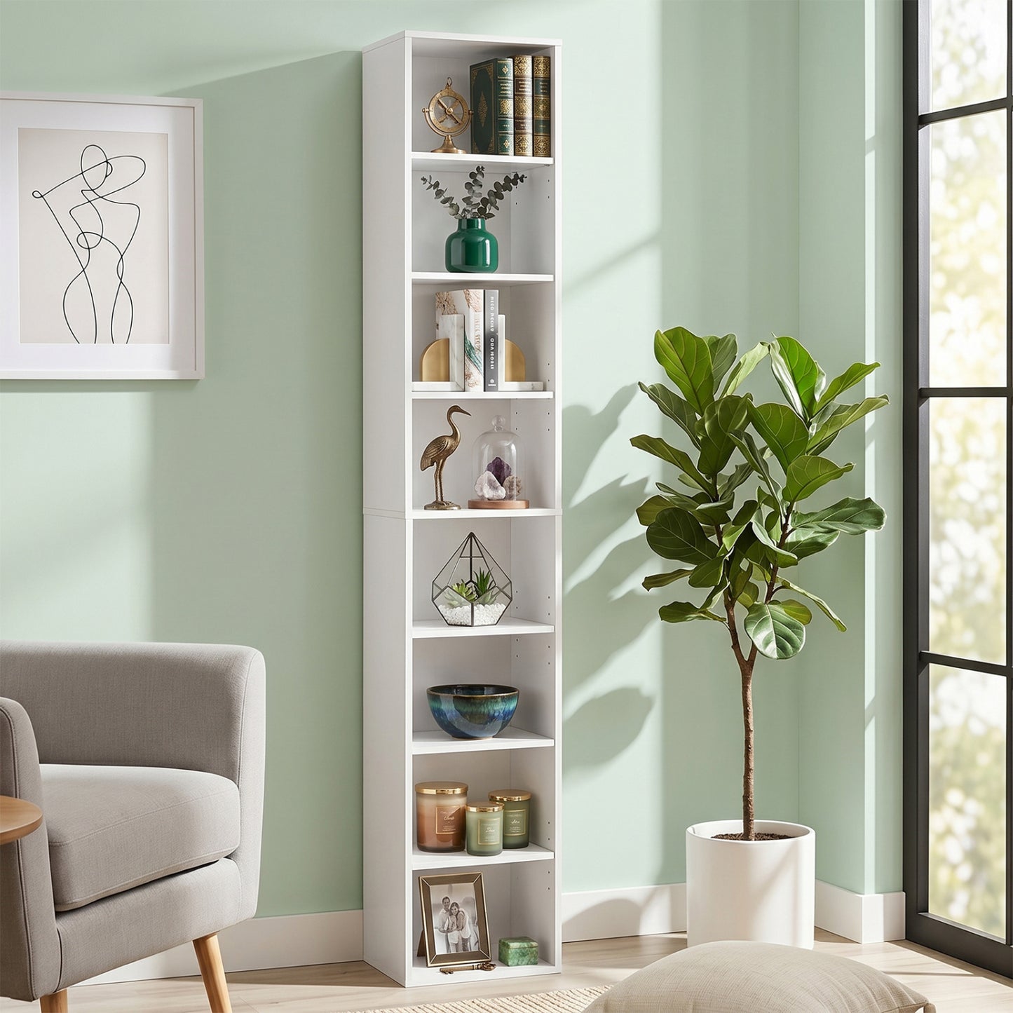 8-Tier Narrow Bookshelf, 4 Adjustable Shelves, Storage Cubes, White