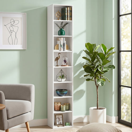 8-Tier Narrow Bookshelf, 4 Adjustable Shelves, Storage Cubes, White