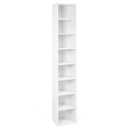8-Tier Narrow Bookshelf, 4 Adjustable Shelves, Storage Cubes, White