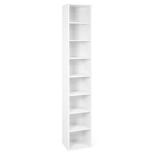 8-Tier Narrow Bookshelf, 4 Adjustable Shelves, Storage Cubes, White
