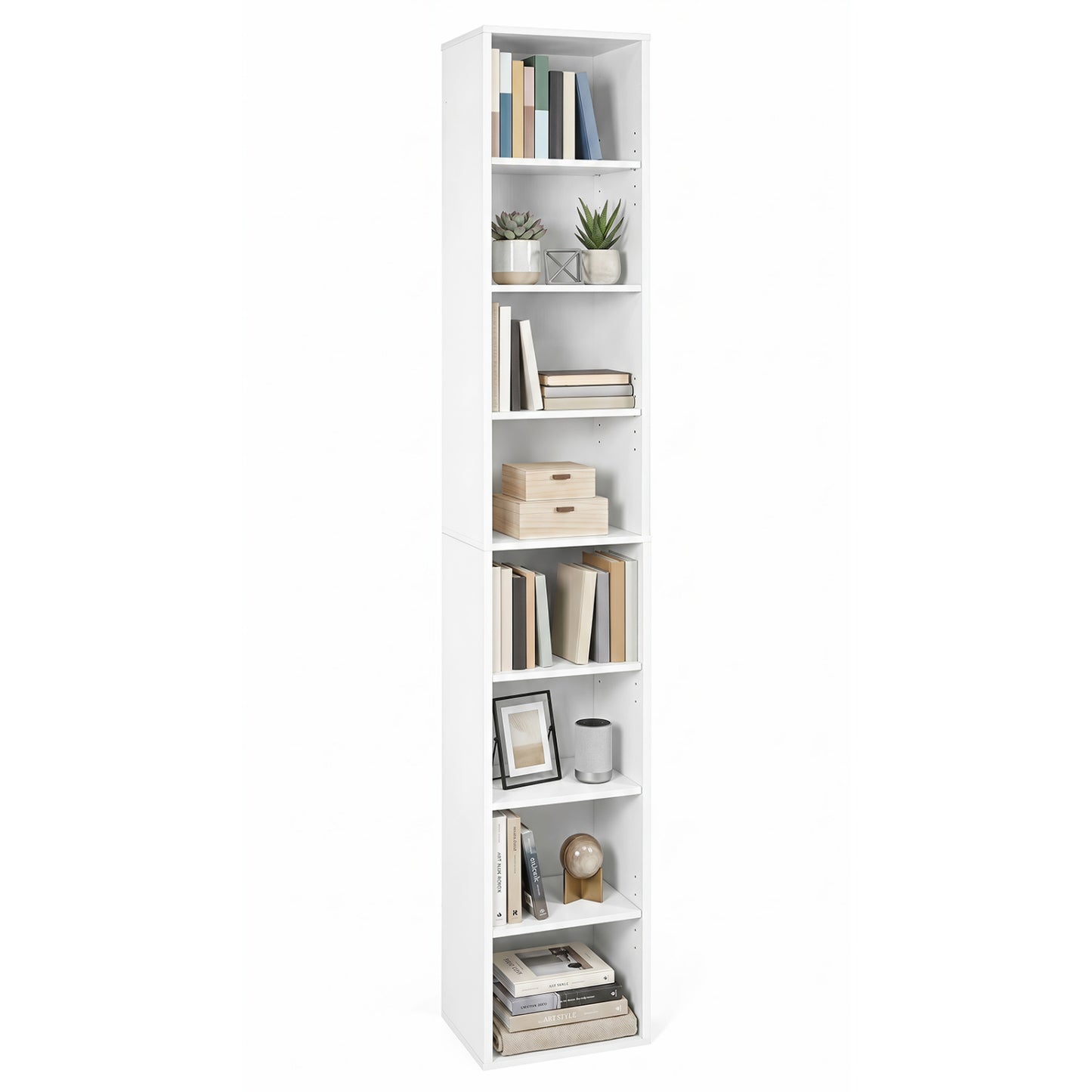 8-Tier Narrow Bookshelf, 4 Adjustable Shelves, Storage Cubes, White