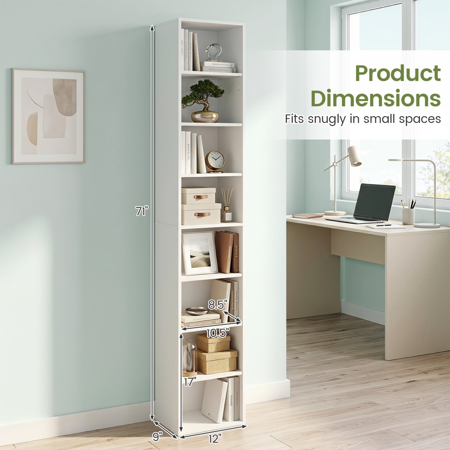 8-Tier Narrow Bookshelf, 4 Adjustable Shelves, Storage Cubes, White