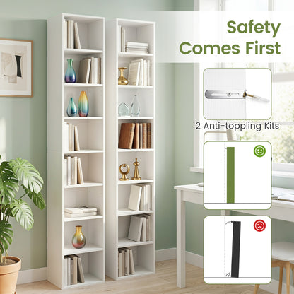 8-Tier Narrow Bookshelf, 4 Adjustable Shelves, Storage Cubes, White