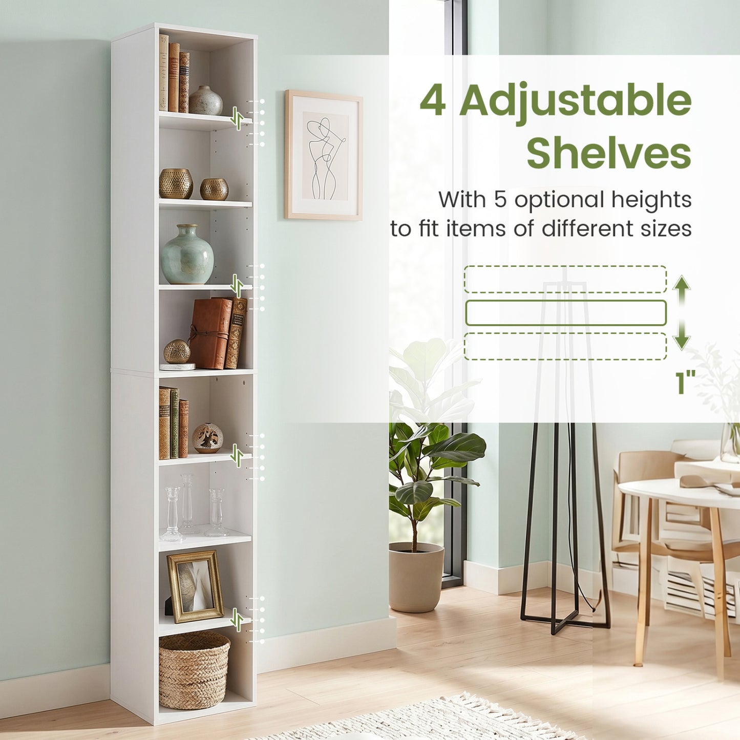 8-Tier Narrow Bookshelf, 4 Adjustable Shelves, Storage Cubes, White