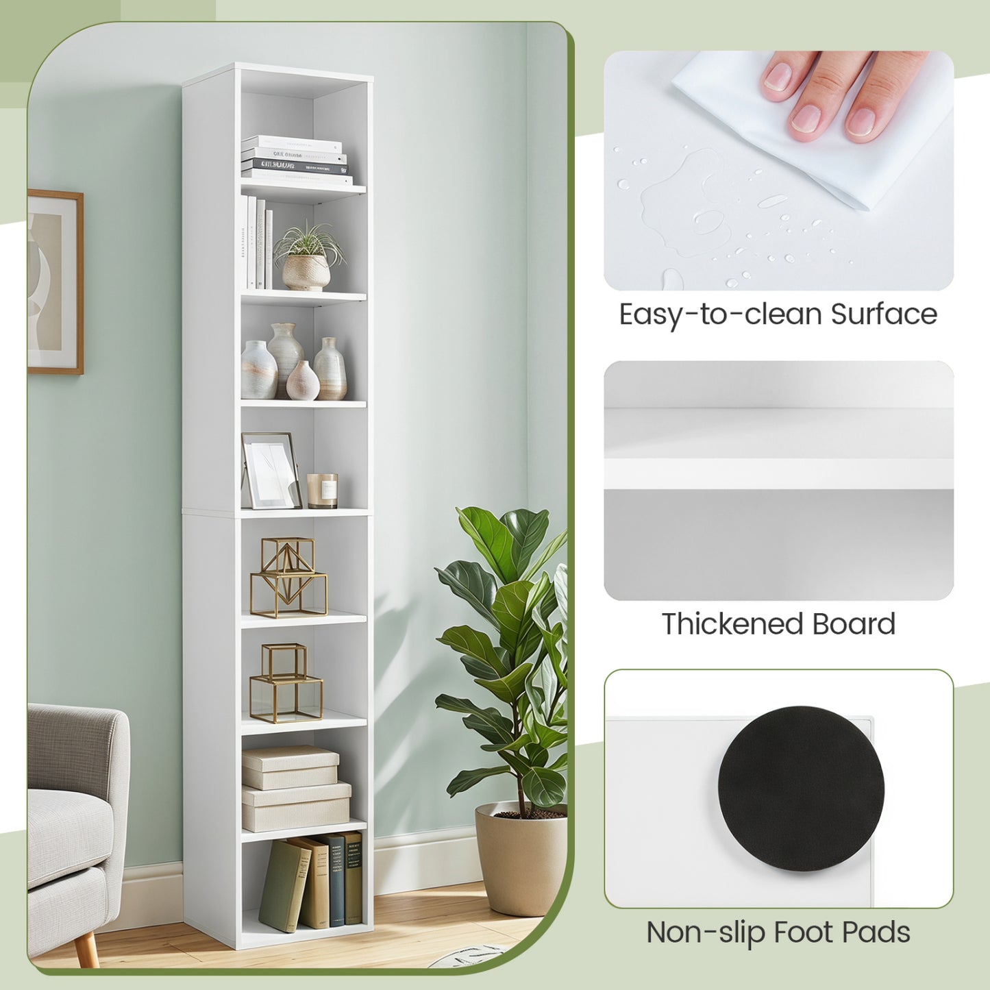 8-Tier Narrow Bookshelf, 4 Adjustable Shelves, Storage Cubes, White
