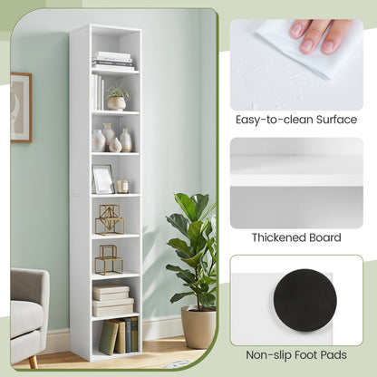 8-Tier Narrow Bookshelf, 4 Adjustable Shelves, Storage Cubes, White
