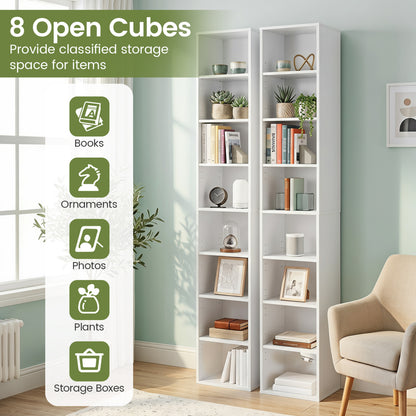 8-Tier Narrow Bookshelf, 4 Adjustable Shelves, Storage Cubes, White