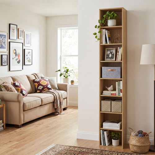 8-Tier Narrow Bookshelf, Adjustable Shelves, Storage Cubes, Natural
