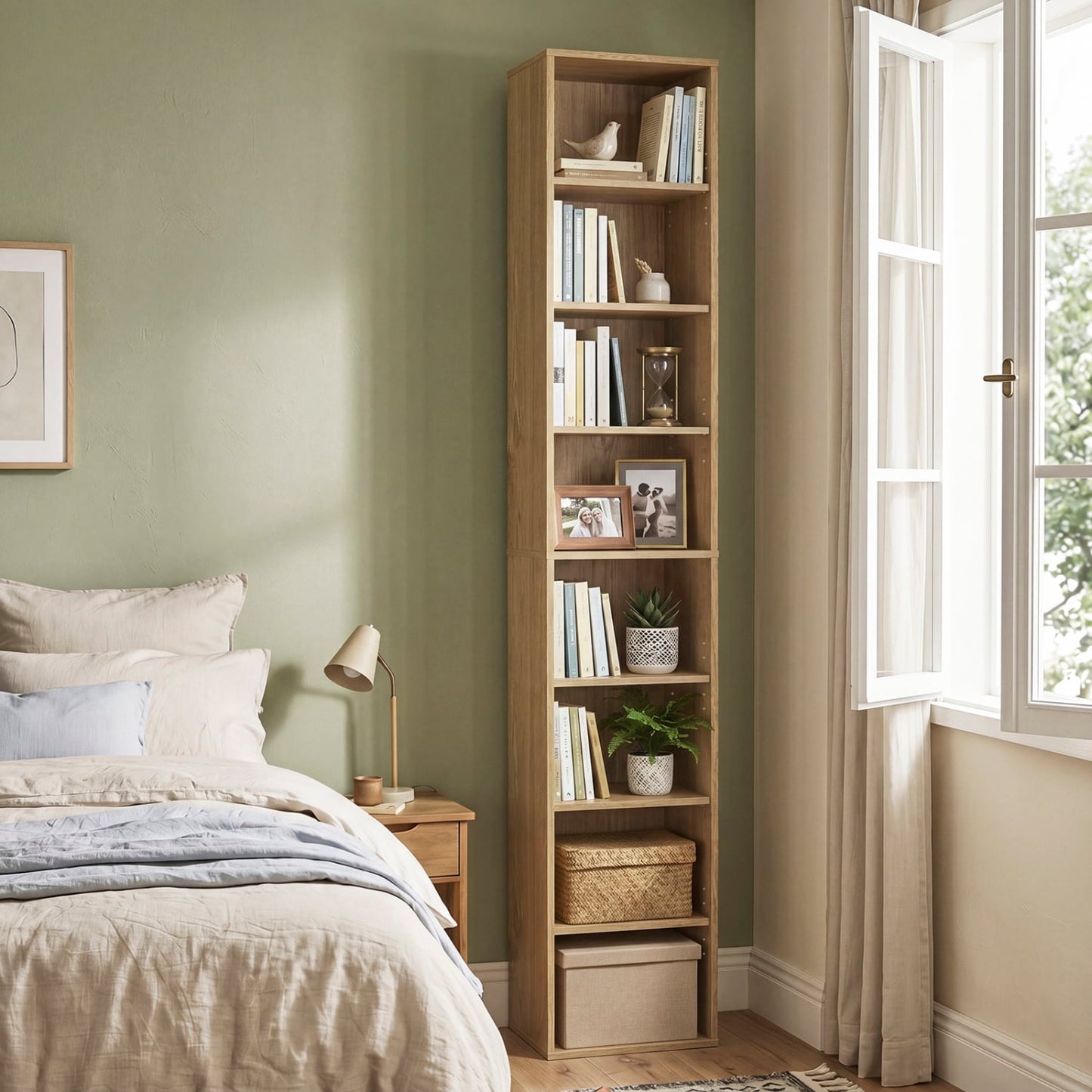 Bibliothèque étroite à 8 étagères, étagères réglables, cubes de rangement, naturelle