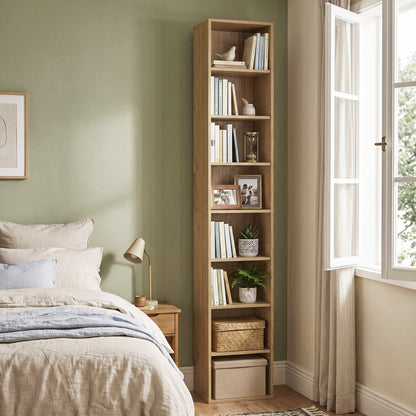 Bibliothèque étroite à 8 étagères, étagères réglables, cubes de rangement, naturelle