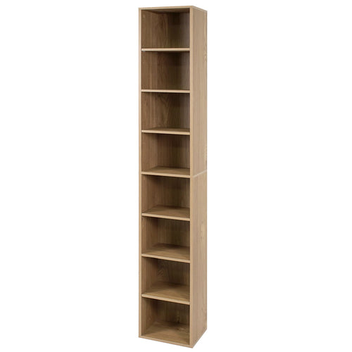 8-Tier Narrow Bookshelf, Adjustable Shelves, Storage Cubes, Natural