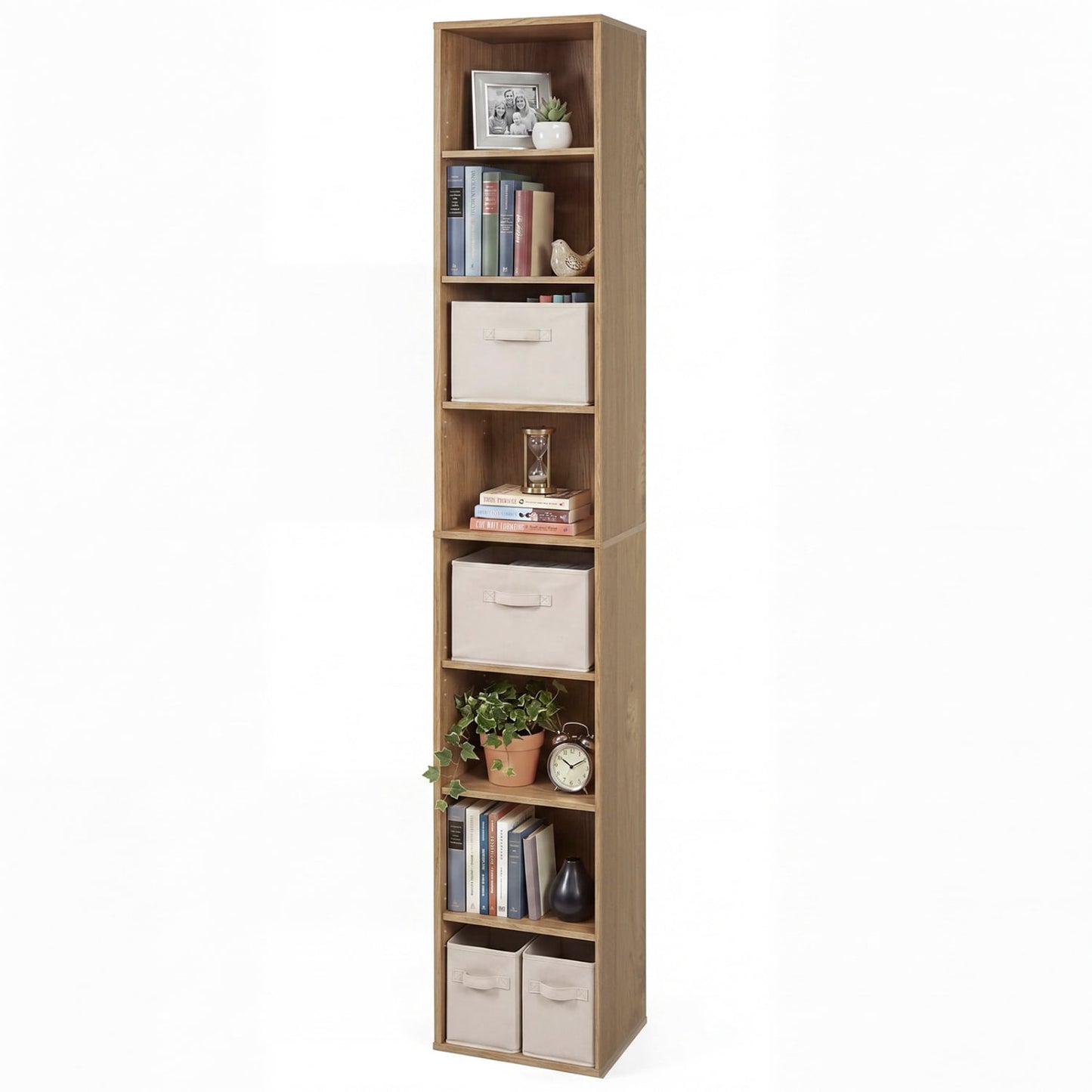 Bibliothèque étroite à 8 étagères, étagères réglables, cubes de rangement, naturelle