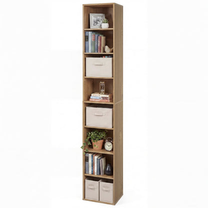 Bibliothèque étroite à 8 étagères, étagères réglables, cubes de rangement, naturelle