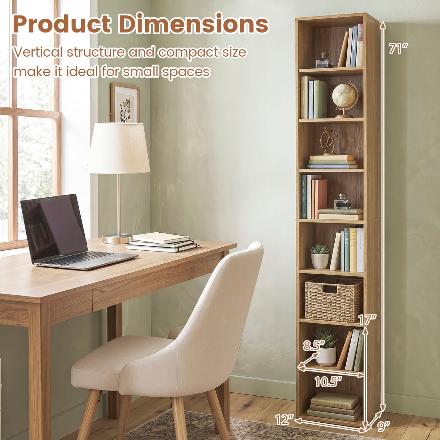 Bibliothèque étroite à 8 étagères, étagères réglables, cubes de rangement, naturelle