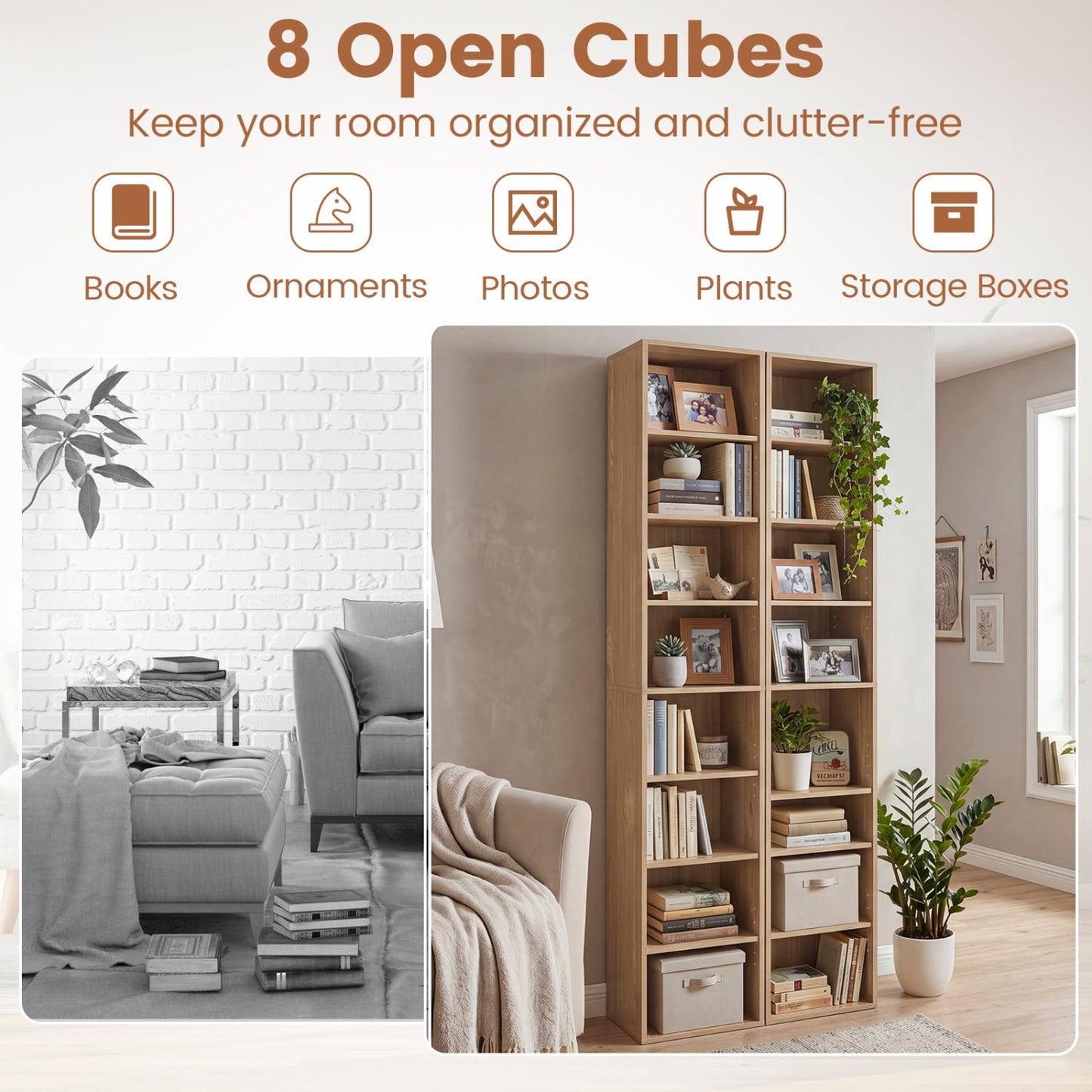 Bibliothèque étroite à 8 étagères, étagères réglables, cubes de rangement, naturelle