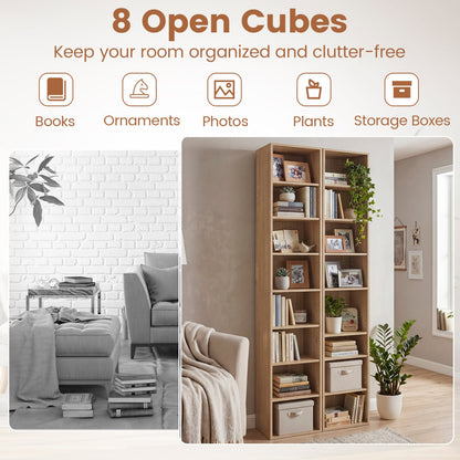 Bibliothèque étroite à 8 étagères, étagères réglables, cubes de rangement, naturelle