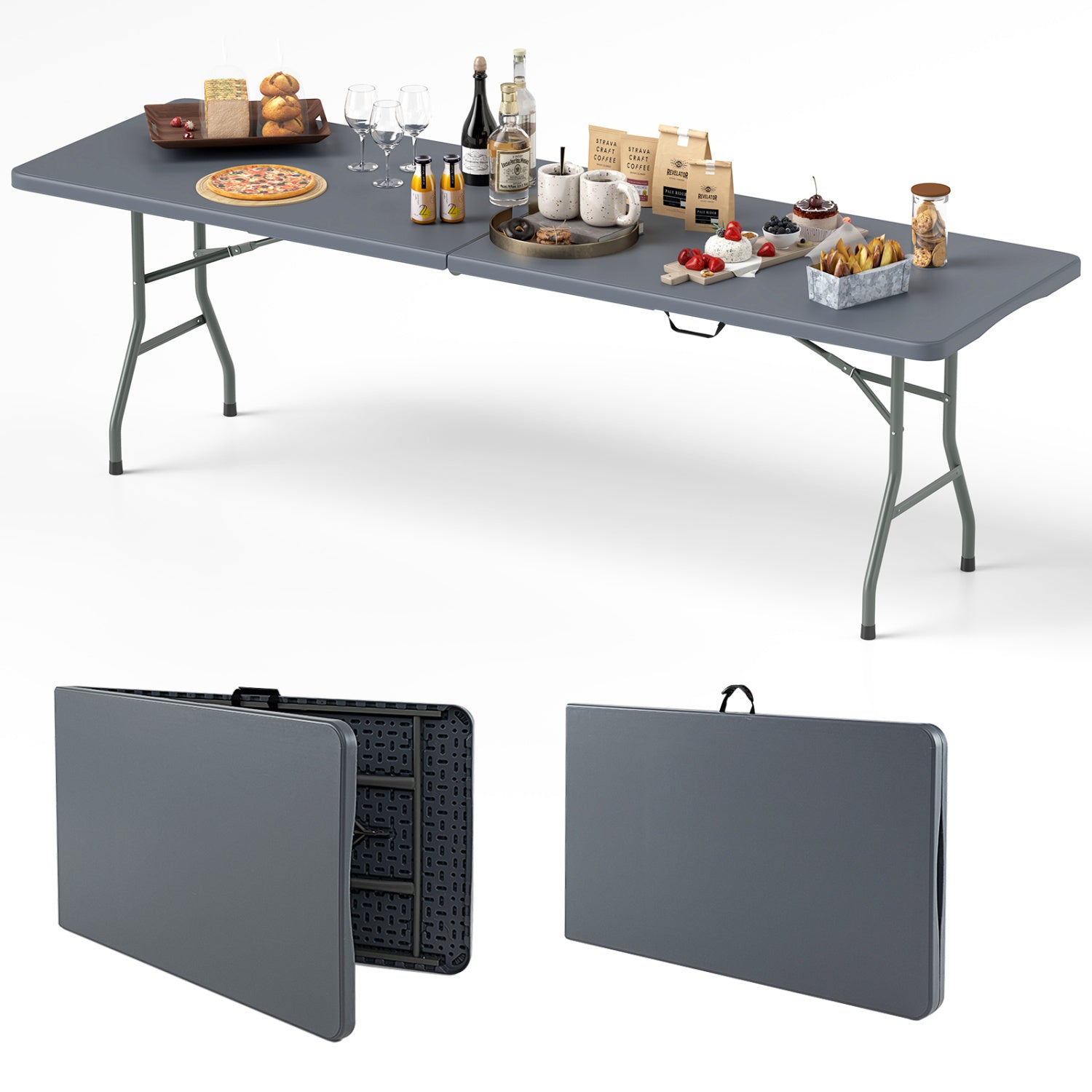 8 ft Portable Folding Table, 350 LBS, HDPE Tabletop, Gray Camping Furniture at Gallery Canada