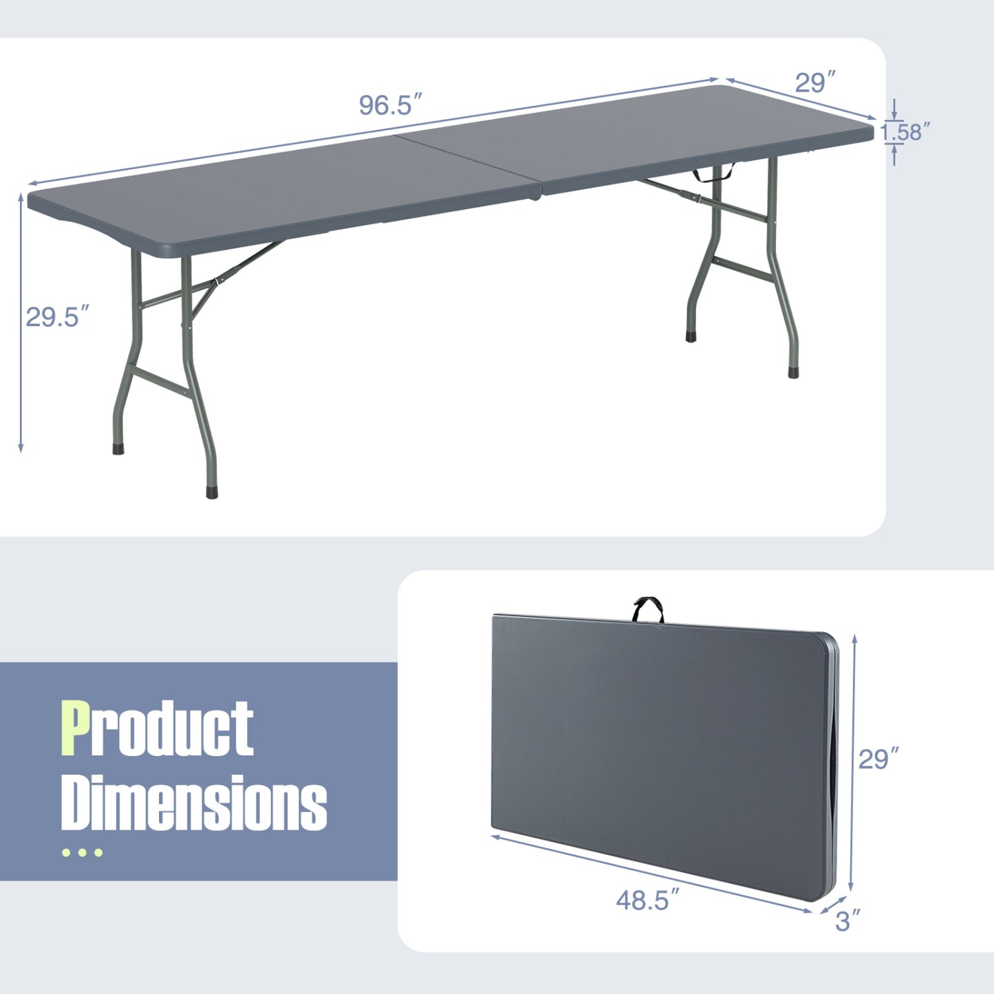 8 ft Portable Folding Table, 350 LBS, HDPE Tabletop, Gray Camping Furniture at Gallery Canada