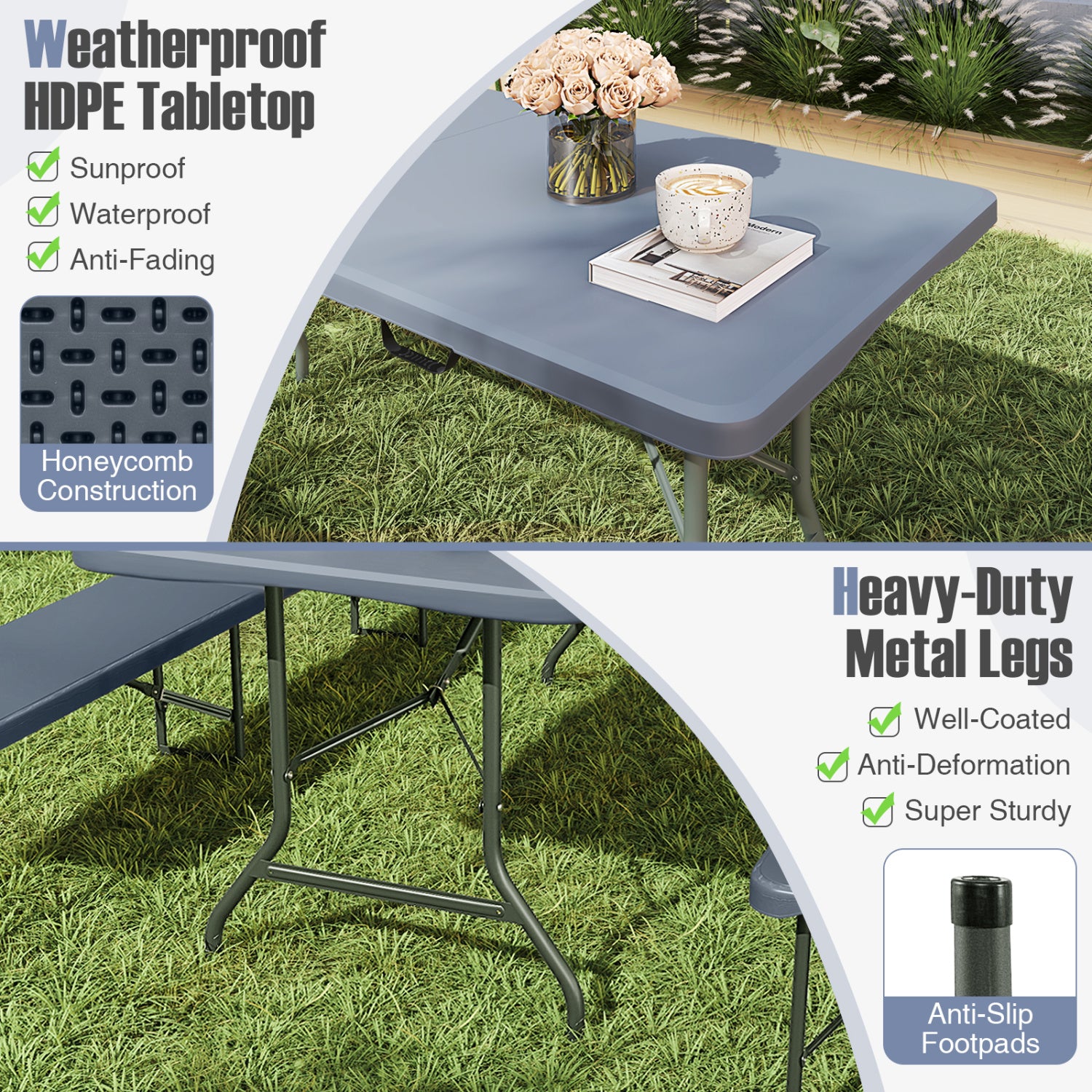 8 ft Portable Folding Table, 350 LBS, HDPE Tabletop, Gray Camping Furniture at Gallery Canada
