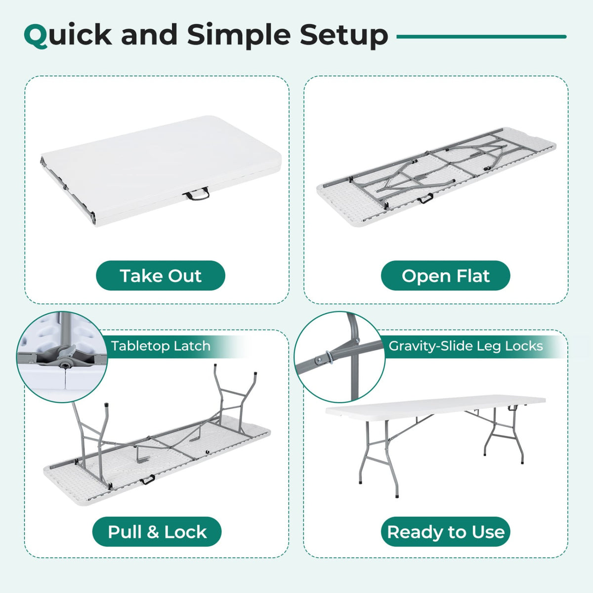 8 ft Portable Folding Table 350 LBS HDPE Tabletop, White