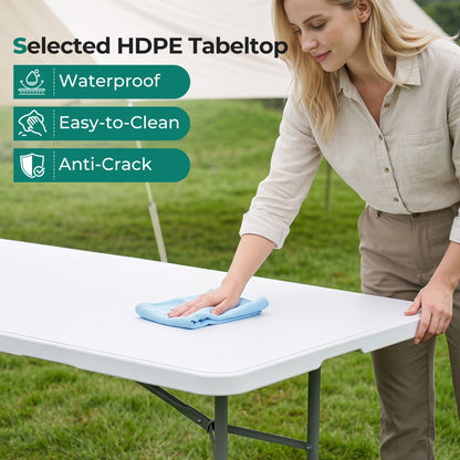 8 ft Portable Folding Table 350 LBS HDPE Tabletop, White