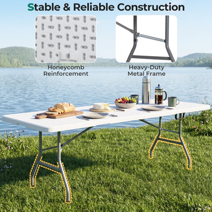 8 ft Portable Folding Table 350 LBS HDPE Tabletop, White