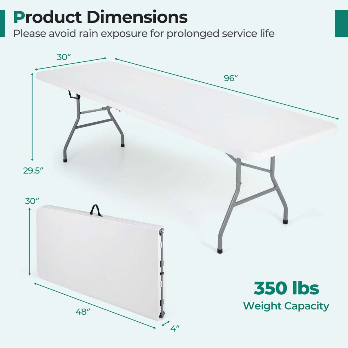 8 ft Portable Folding Table 350 LBS HDPE Tabletop, White