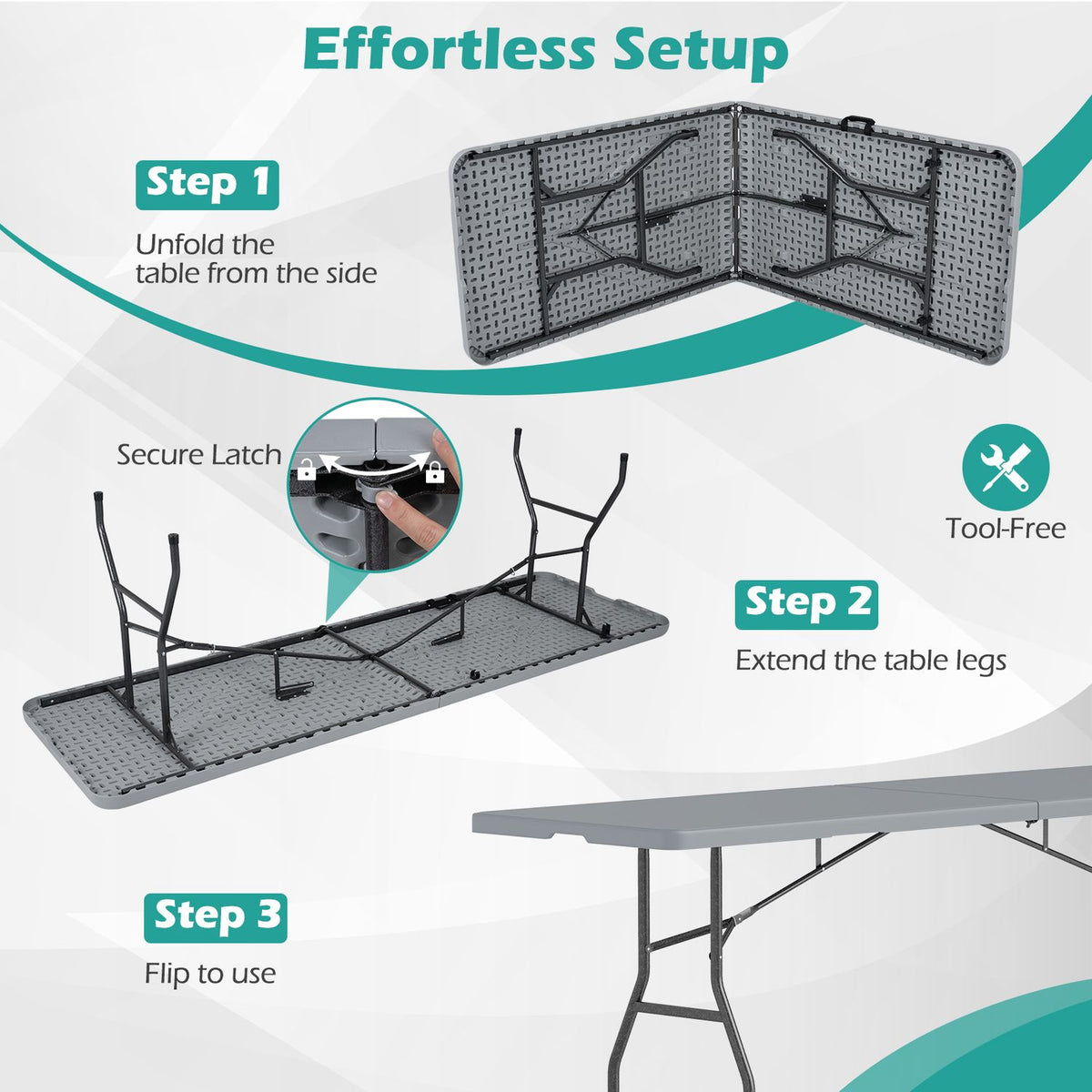 8 ft Folding Table 350 LBS Fold-in-Half HDPE Tabletop, Gray Camping Furniture at Gallery Canada