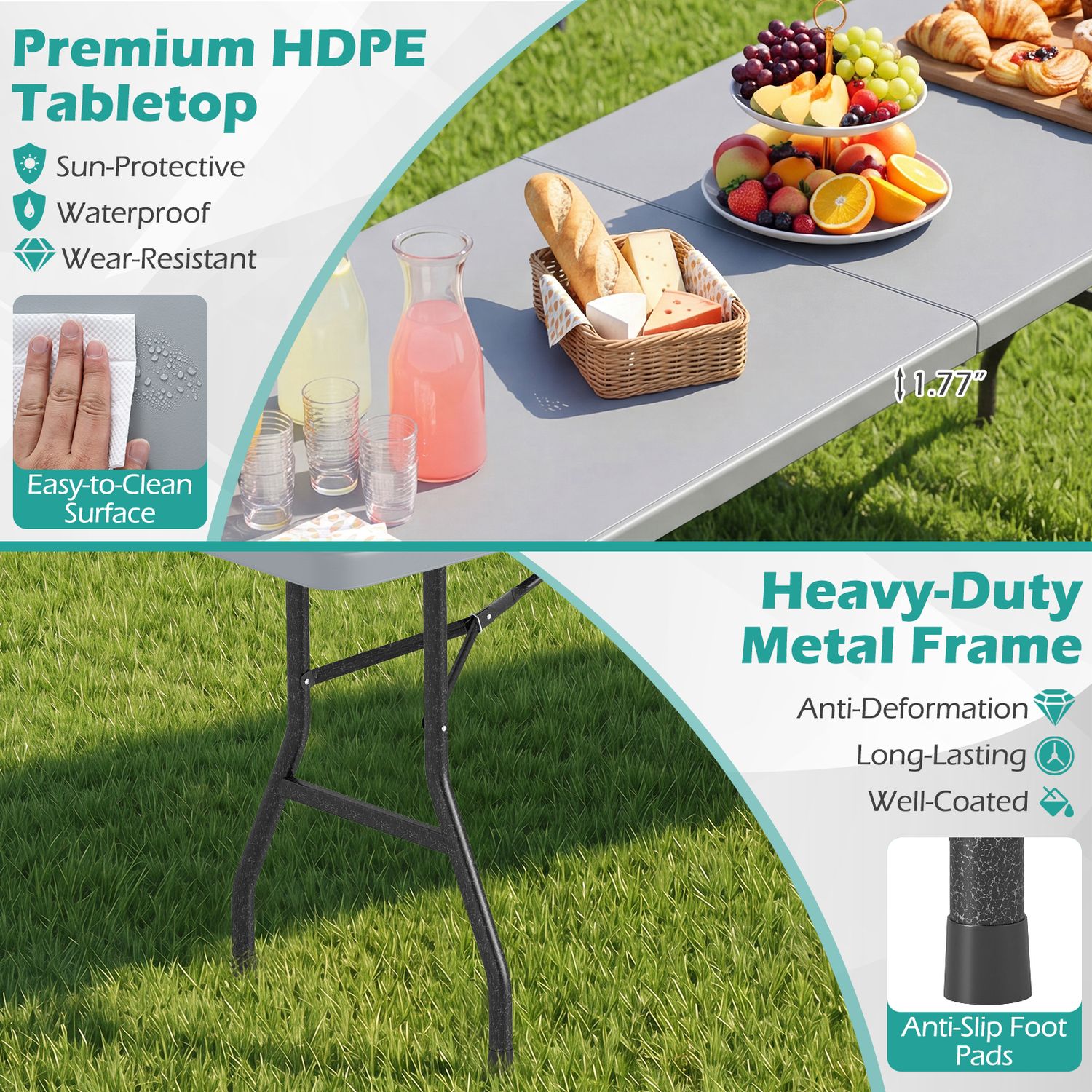 8 ft Folding Table 350 LBS Fold-in-Half HDPE Tabletop, Gray Camping Furniture at Gallery Canada