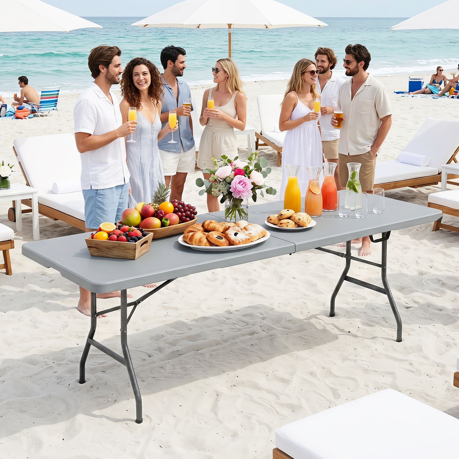 8 ft Folding Table 350 LBS Fold-in-Half HDPE Tabletop, Gray Camping Furniture at Gallery Canada