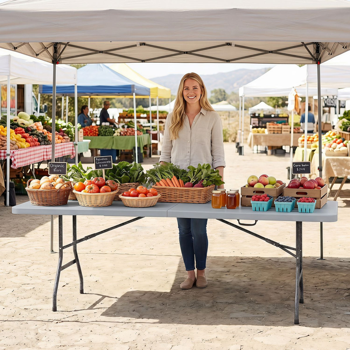 8 ft Folding Table 350 LBS Fold-in-Half HDPE Tabletop, Gray Camping Furniture at Gallery Canada