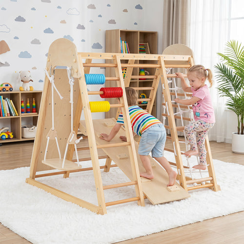 Foldable Indoor Jungle Gym For Kids With Swing, Monkey Bars, Natural