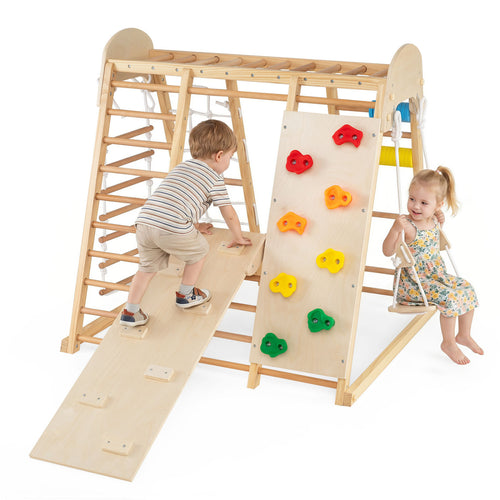 Foldable Indoor Jungle Gym For Kids With Swing, Monkey Bars, Natural