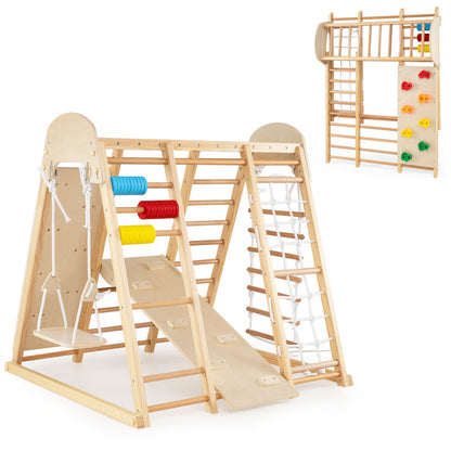 Foldable Indoor Jungle Gym For Kids With Swing, Monkey Bars, Natural