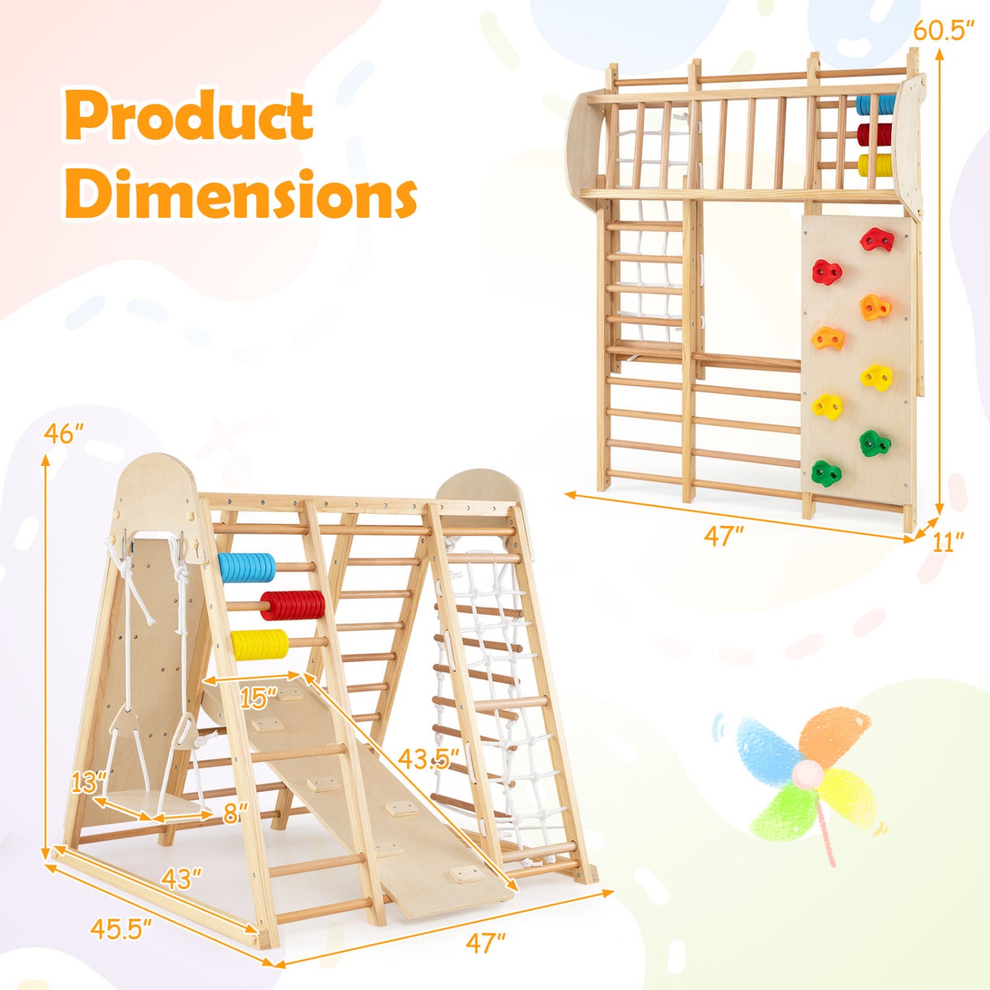 Foldable Indoor Jungle Gym For Kids With Swing, Monkey Bars, Natural