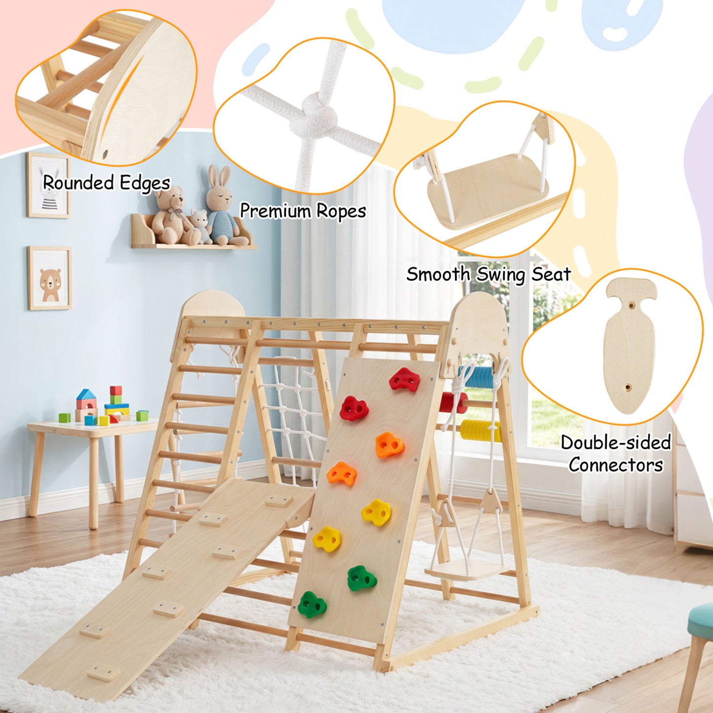 Foldable Indoor Jungle Gym For Kids With Swing, Monkey Bars, Natural
