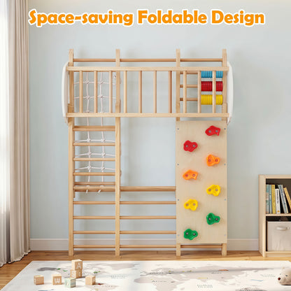 Foldable Indoor Jungle Gym For Kids With Swing, Monkey Bars, Natural