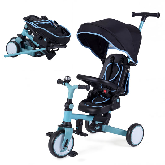 8-in-1 Folding Kids Tricycle with Removable Canopy and Push Handle, Blue Baby Strollers Blue at Gallery Canada