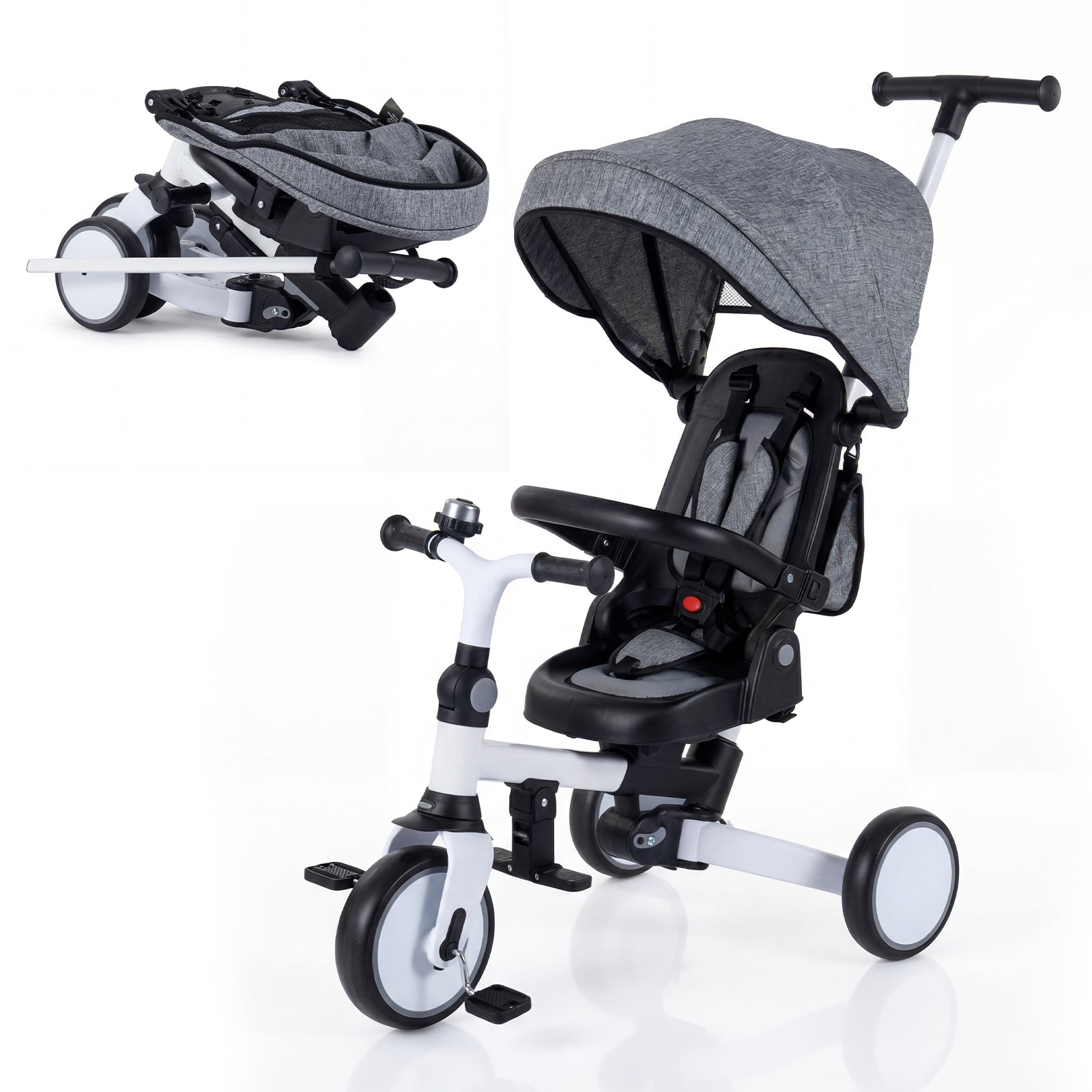 8-in-1 Folding Kids Tricycle with Removable Canopy and Push Handle, Gray Baby Strollers Gray at Gallery Canada