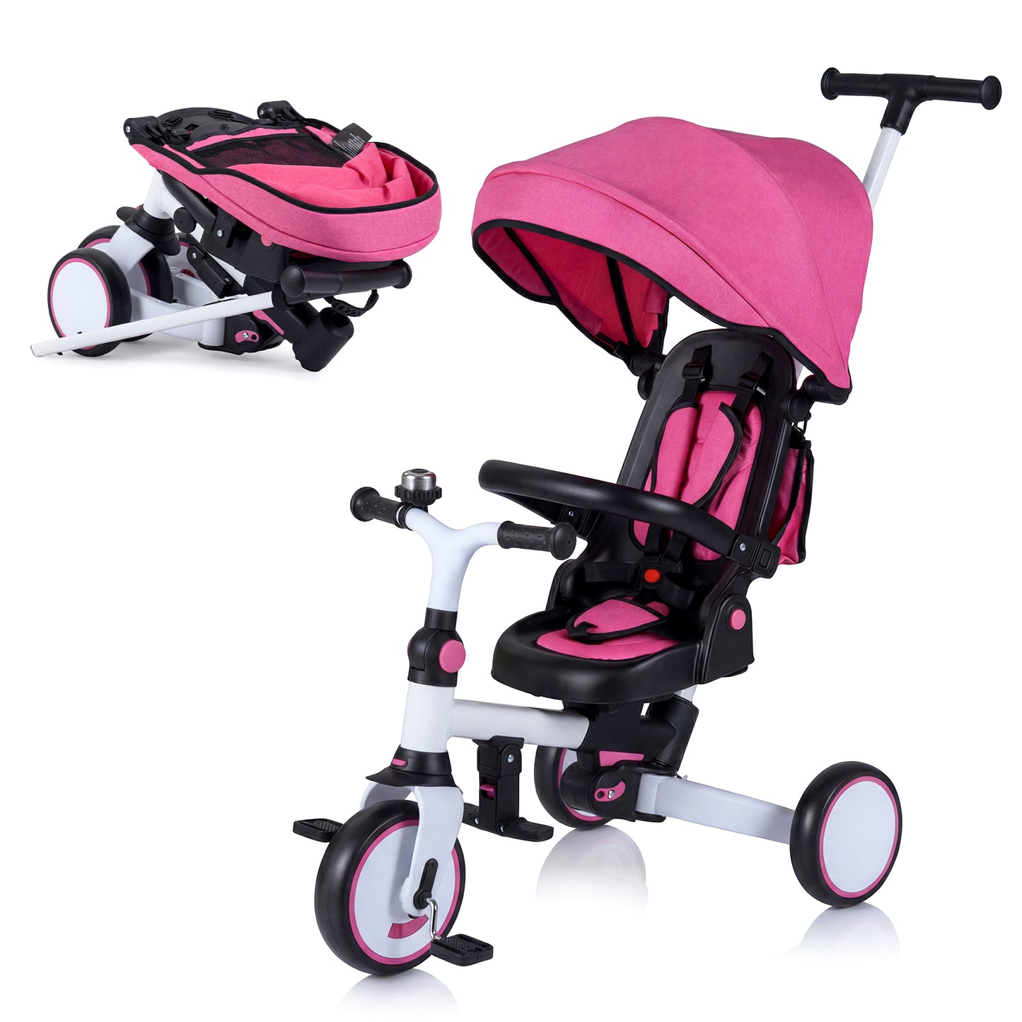8-in-1 Folding Kids Tricycle with Removable Canopy and Push Handle, Pink Baby Strollers Pink at Gallery Canada