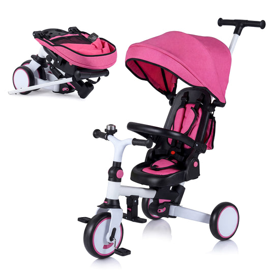 8-in-1 Folding Kids Tricycle with Removable Canopy and Push Handle, Pink Baby Strollers Pink at Gallery Canada