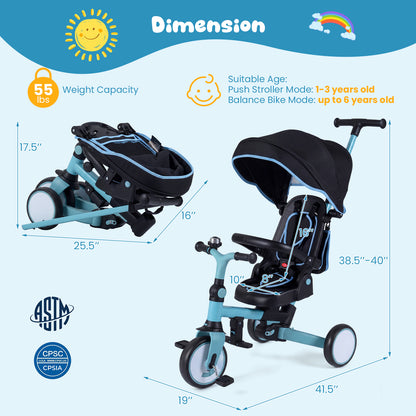 8-in-1 Folding Kids Tricycle with Removable Canopy and Push Handle, Blue Baby Strollers at Gallery Canada
