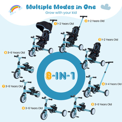 8-in-1 Folding Kids Tricycle with Removable Canopy and Push Handle, Blue Baby Strollers at Gallery Canada