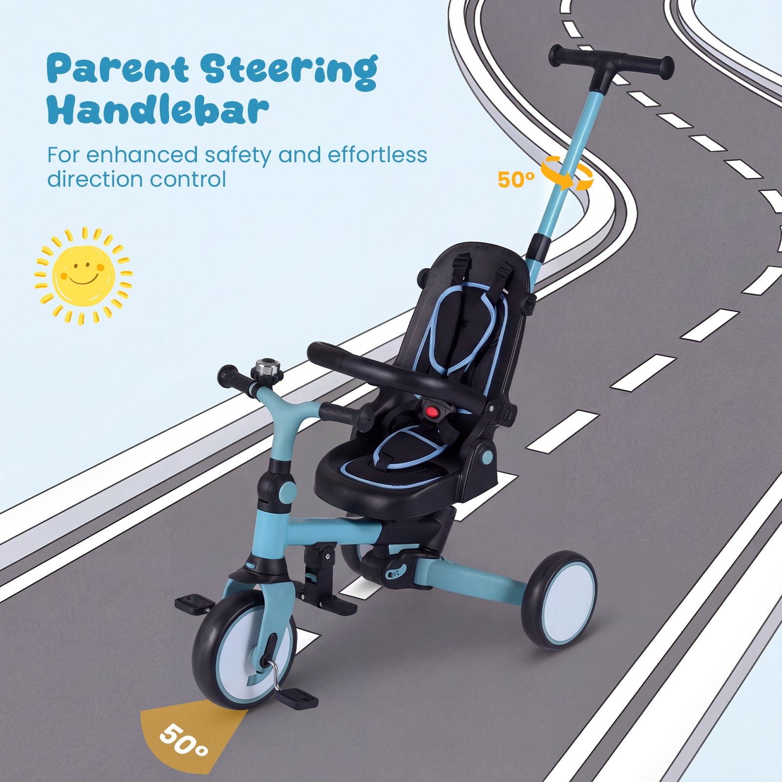 8-in-1 Folding Kids Tricycle with Removable Canopy and Push Handle, Blue Baby Strollers at Gallery Canada