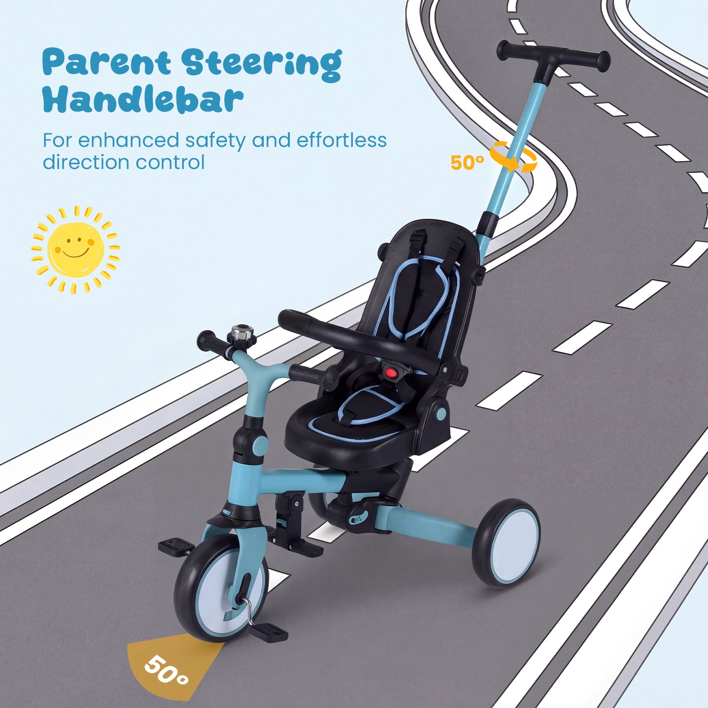 8-in-1 Folding Kids Tricycle with Removable Canopy and Push Handle, Blue Baby Strollers at Gallery Canada