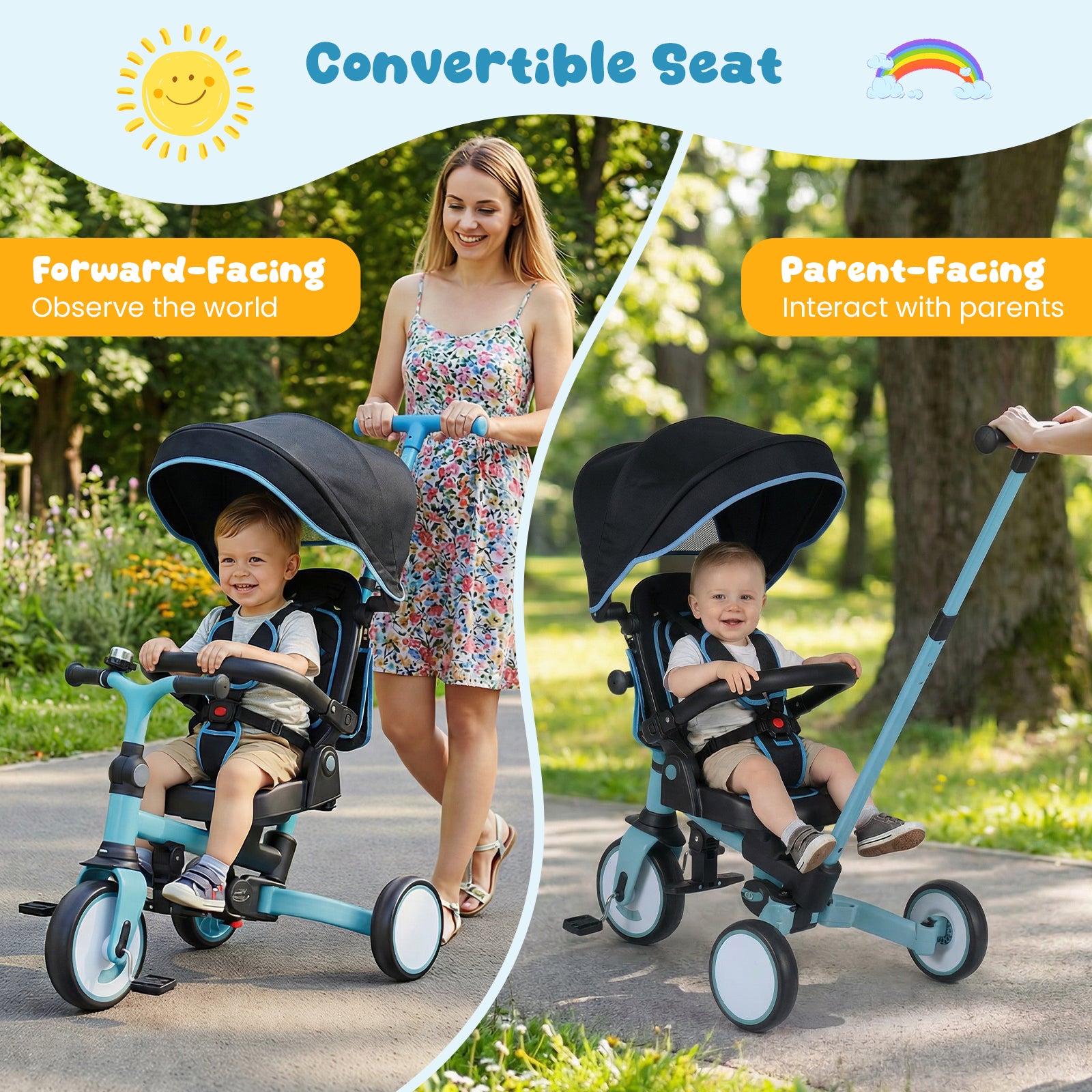 8-in-1 Folding Kids Tricycle with Removable Canopy and Push Handle, Blue Baby Strollers at Gallery Canada