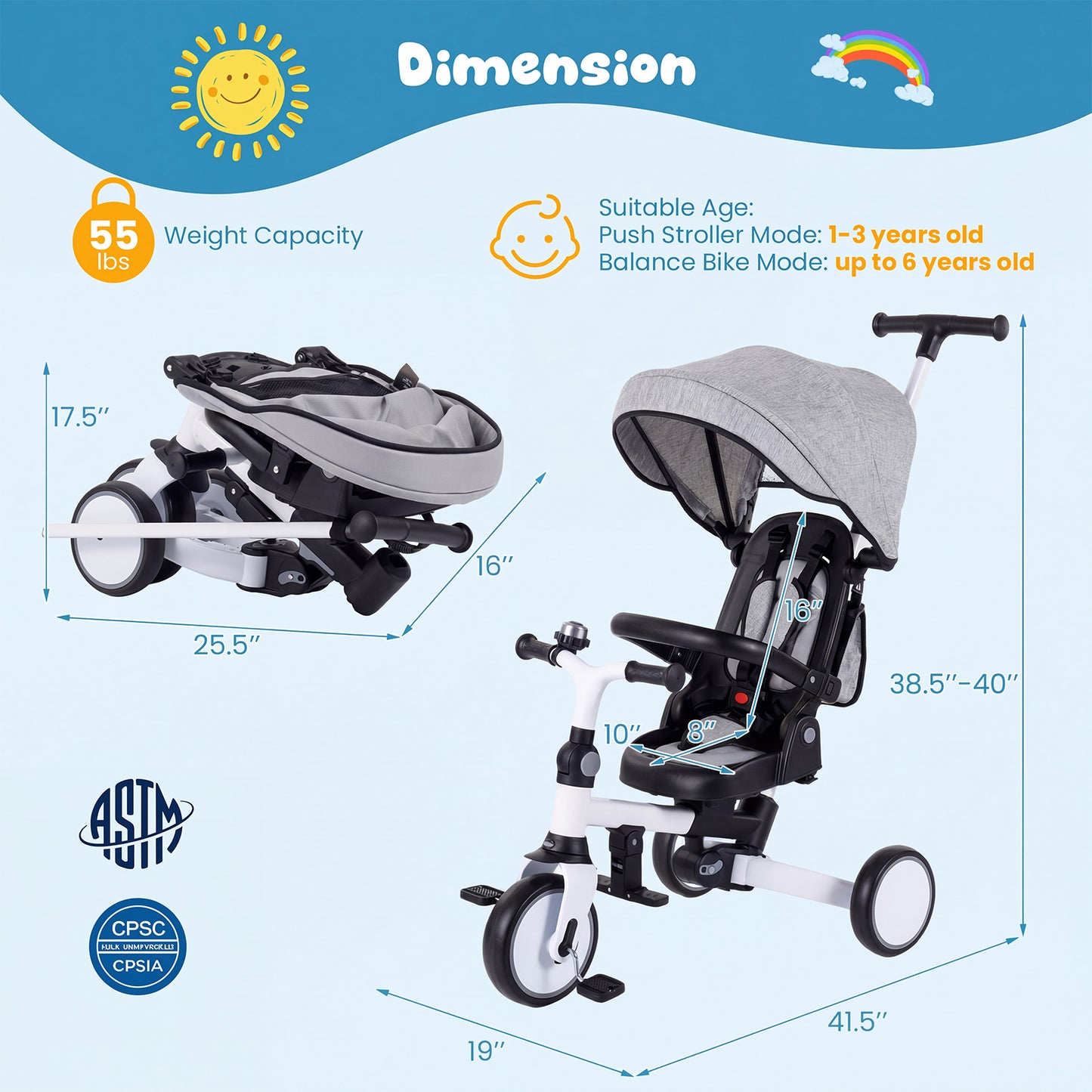 8-in-1 Folding Kids Tricycle with Removable Canopy and Push Handle, Gray Baby Strollers at Gallery Canada